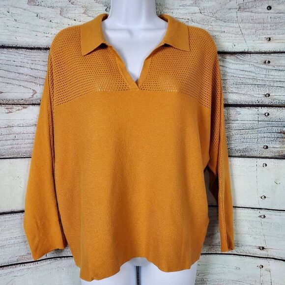 Vieta Milano Women’s Top XL Mustard Yellow Knit Collared 3/4 Sleeve Sweater - Picture 1 of 7